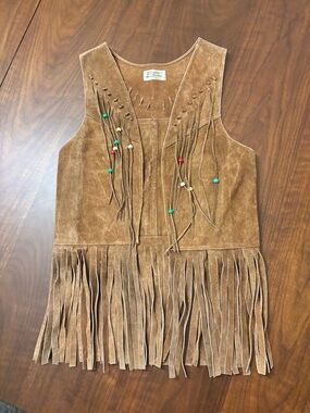 Vintage Suede Leather Fringe Vest Beaded Western Boho Hippie S/M